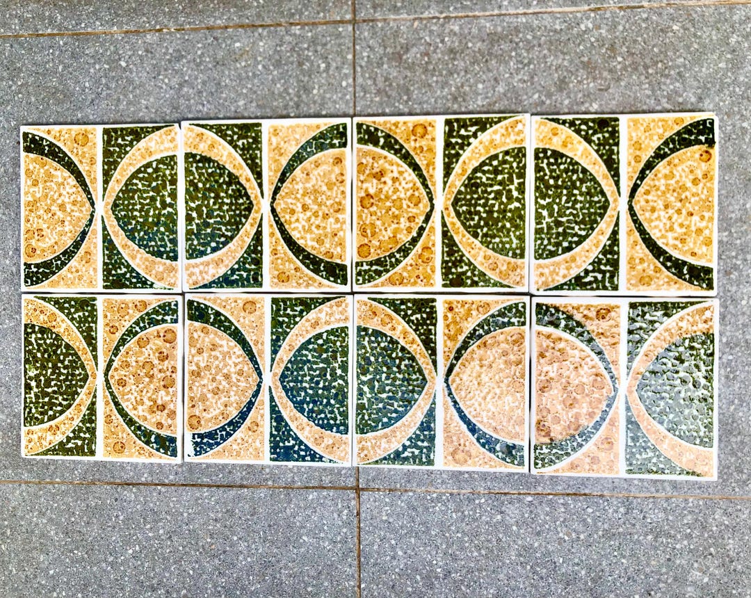 Vintage Green, Ochre 70s Geometric Tiles. Abstract Decorative Tile ...