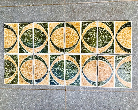 Vintage green, ochre 70s geometric tiles — set of 8