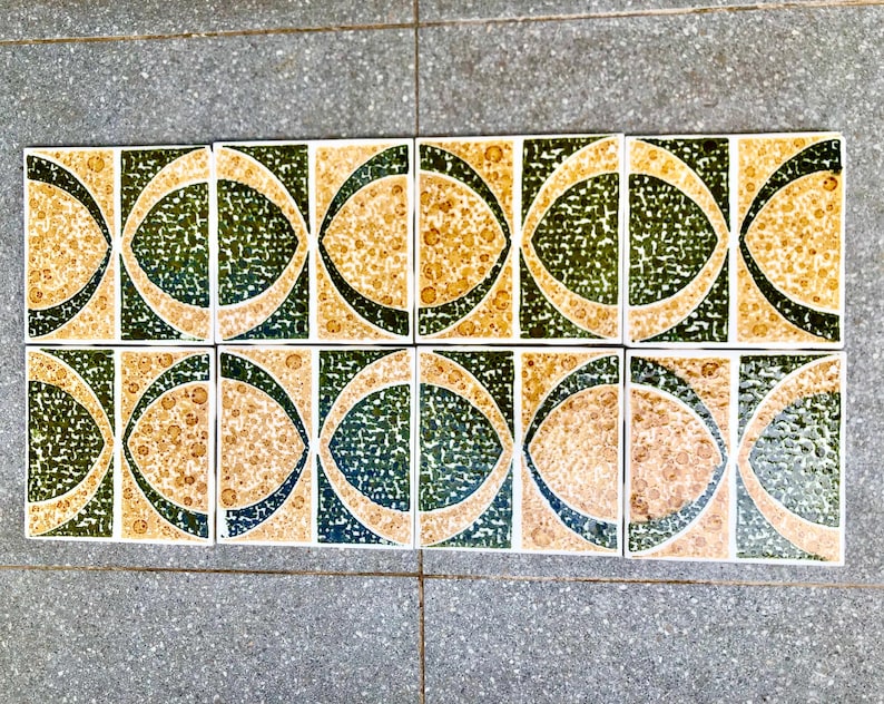 Vintage green, ochre 70s geometric tiles — set of 8, photo 1 of 8