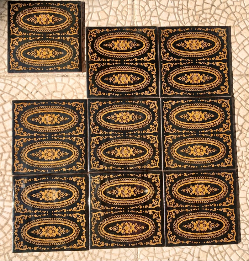 Original 70s retro tiles – Black, yellow, romantic, Art Nouveau style tiles — set of 9, photo 5 of 8