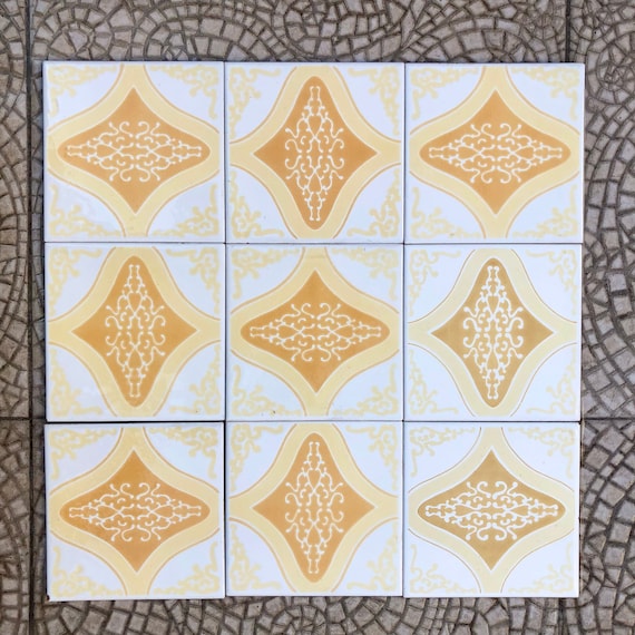 60s 70s vintage geometric tiles, Unused – 9 pc set yellow, orange, pop art tiles