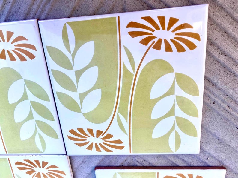 60s 70s Spanish vintage retro tiles – pop orange + green daisies backsplash — set of 6, photo 7 of 8