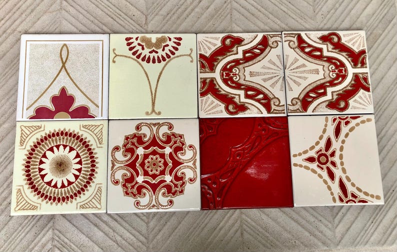 8 Spanish 70s vintage tiles – Mid century red, brown geometric Fat Lava tiles, photo 1 of 7