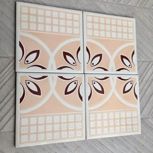 4 pc - 70s vintage tiles. Mid century pink and burgundy geometric tiles from Spain. Groovy 60s wall art. Decorative tile mural- backsplash