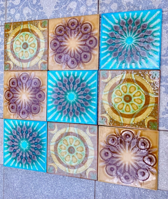 Original 70s retro tiles – Brown, yellow, blue, orange – Decorative MCM wall art — set of 9