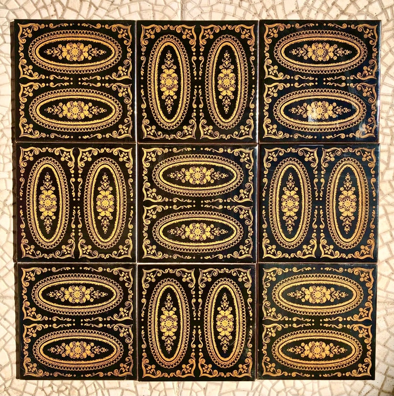 Original 70s retro tiles – Black, yellow, romantic, Art Nouveau style tiles — set of 9, photo 2 of 8