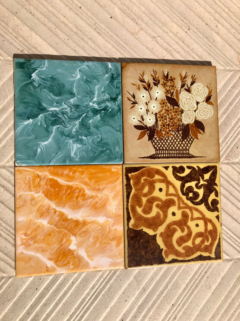 4 Vintage orange, blue, brown yellow Original retro tiles, photo 3 of 9
