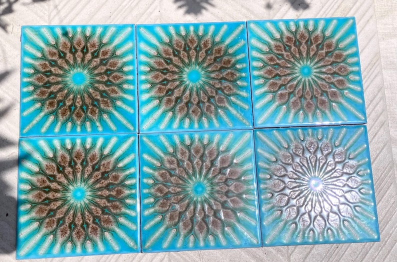 Original 70s vintage glazed blue retro tiles — set of 6, photo 4 of 10