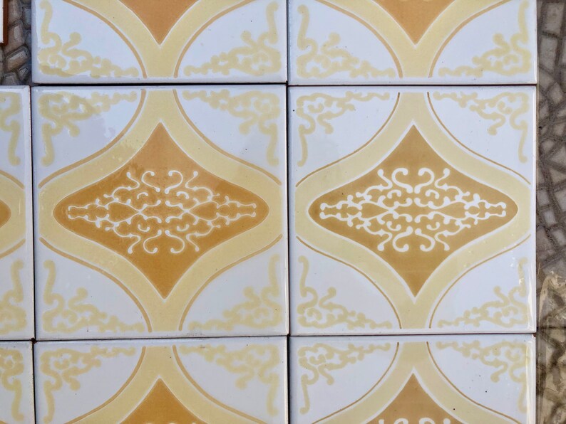 60s 70s vintage geometric tiles, Unused – 9 pc set yellow, orange, pop art tiles, photo 8 of 10