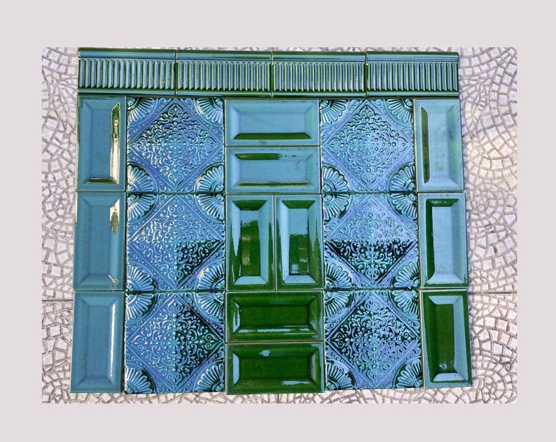 Art Nouveau style floral border green tile set from Spain — set of 22, photo 1 of 10