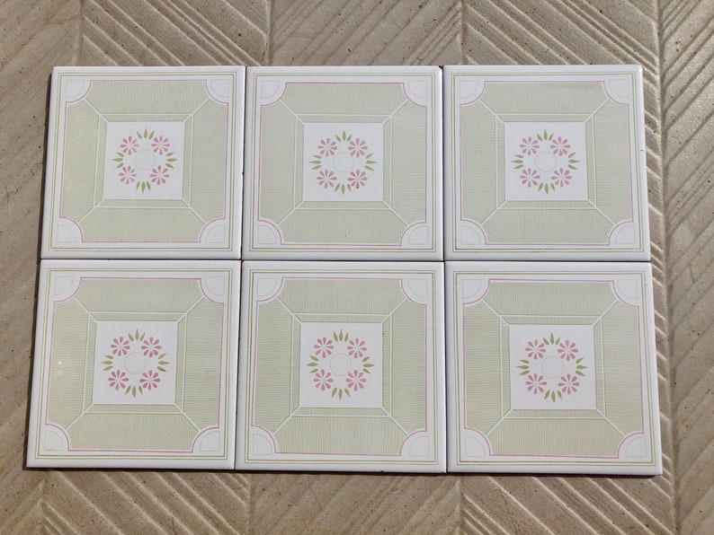 6 Spanish Original 70s green and pink decorative tiles, photo 4 of 10