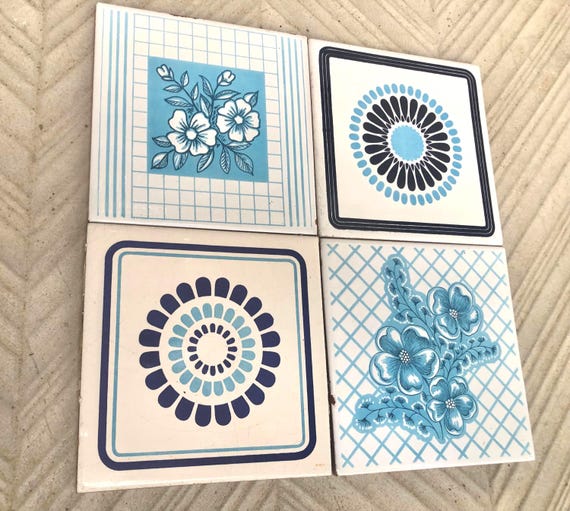 70s Spanish vintage blue and white floral decorative tiles — set of 4