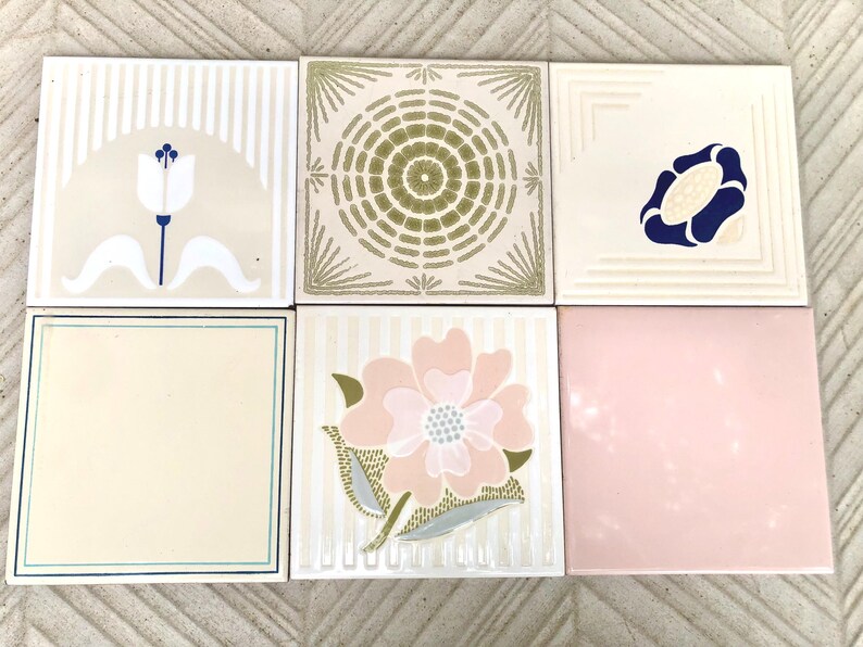 70s pink, beige, blue retro tiles — set of 6, photo 5 of 10