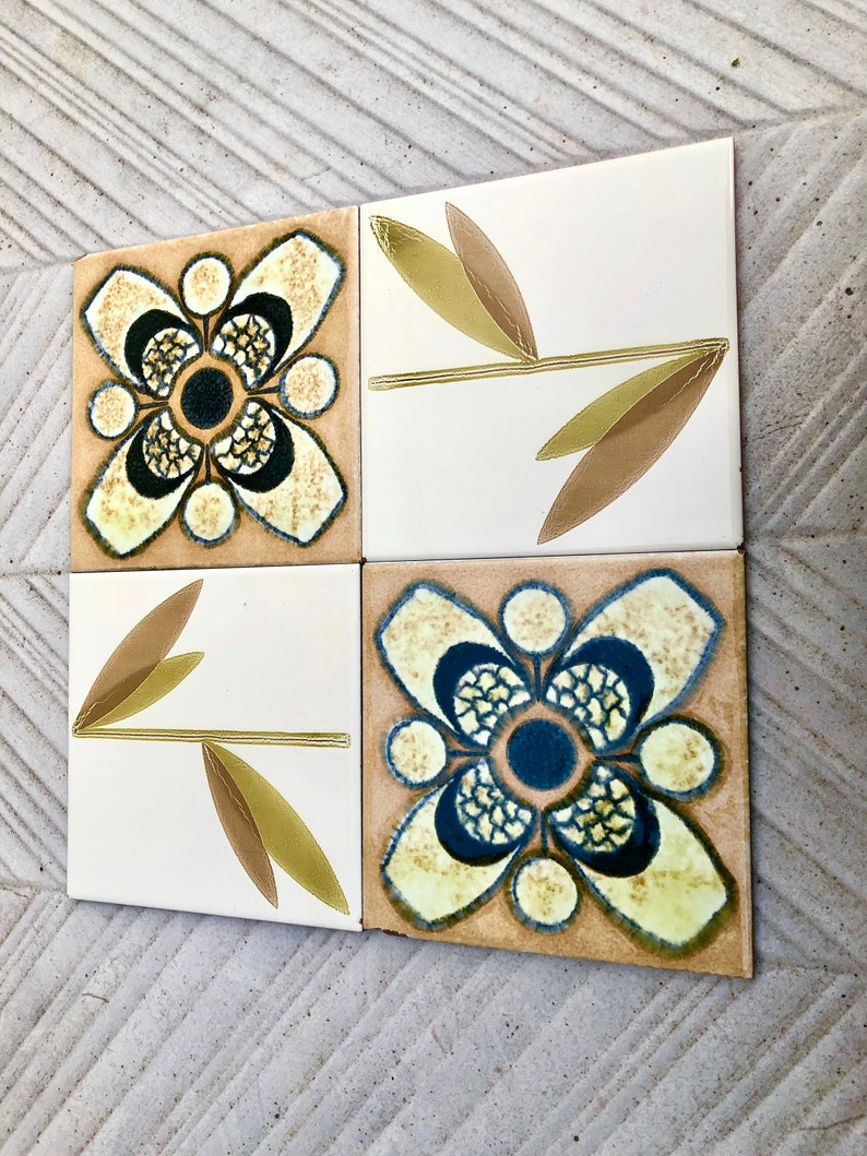 60s 70s Spanish vintage retro tiles – pop art brown + green MCM tiles — set of 4, photo 3 of 8