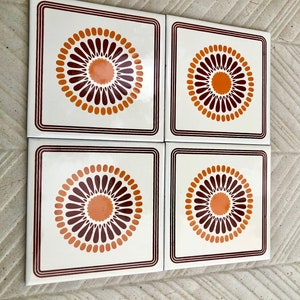 60s 70s Spanish vintage retro tiles. 4 Mid century ORIGINAL groovy flower power decorative tiles,pop art  orange daisies backsplash.