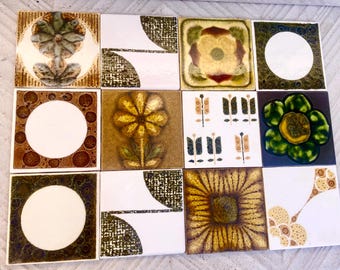 Vintage ochre, yellow, orange, green glazed retro tiles. Salvaged MCM fat lava decorative tile mural, 12 pc set. 60s, mid century wall art