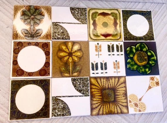 Vintage ochre, yellow, orange, green glazed retro tiles — set of 12