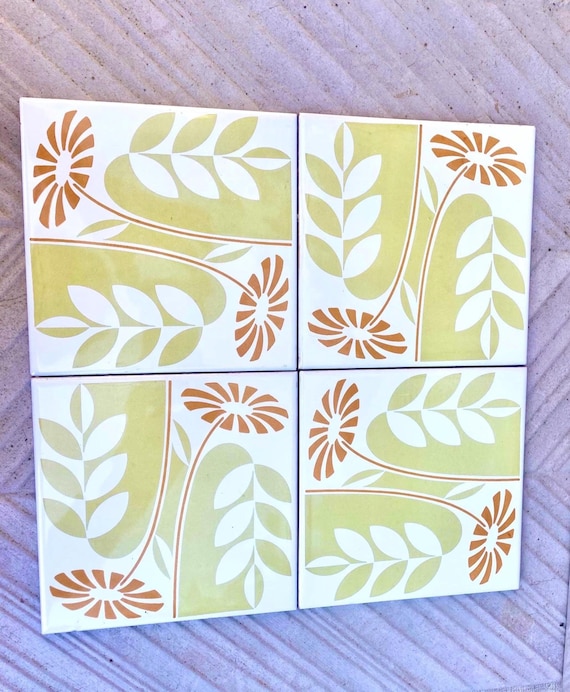 60s 70s Spanish vintage retro tiles – pop orange + green daisies backsplash — set of 4