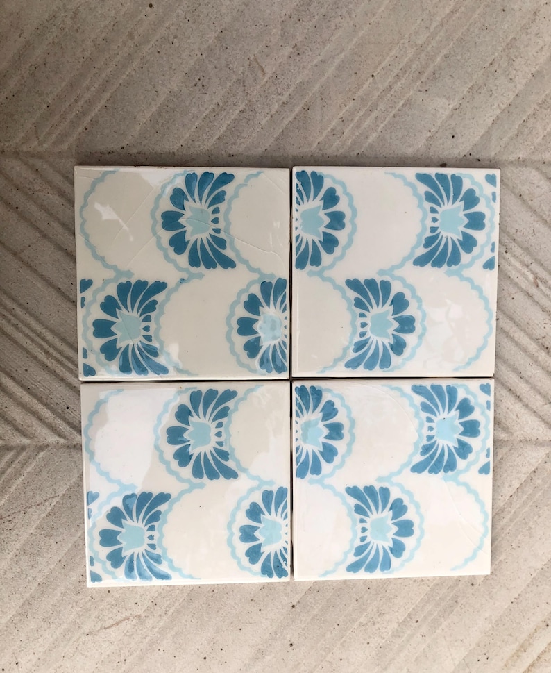 Vintage blue + white glazed retro tiles — set of 4, photo 6 of 9