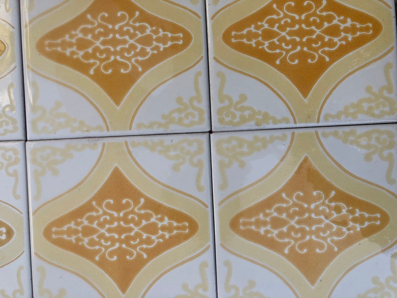 60s 70s vintage geometric tiles, Unused – 9 pc set yellow, orange, pop art tiles, photo 4 of 10