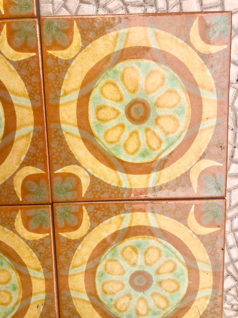 Original 70s retro tiles – Brown, yellow, blue, orange – NOS decorative MCM wall art — set of 9, photo 9 of 9