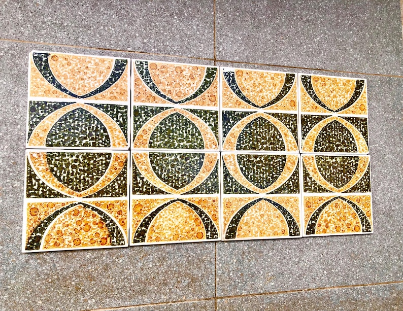 Vintage green, ochre 70s geometric tiles — set of 8, photo 2 of 8