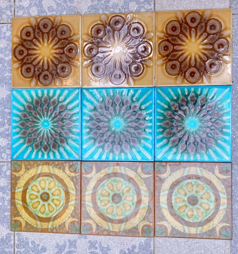 Original 70s retro tiles – Brown, yellow, blue, orange – Decorative MCM wall art — set of 9, photo 4 of 9