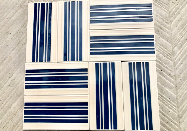 Spanish 60s 70s vintage tiles Unused – 8 pc navy blue, white, pop art tiles, photo 5 of 10