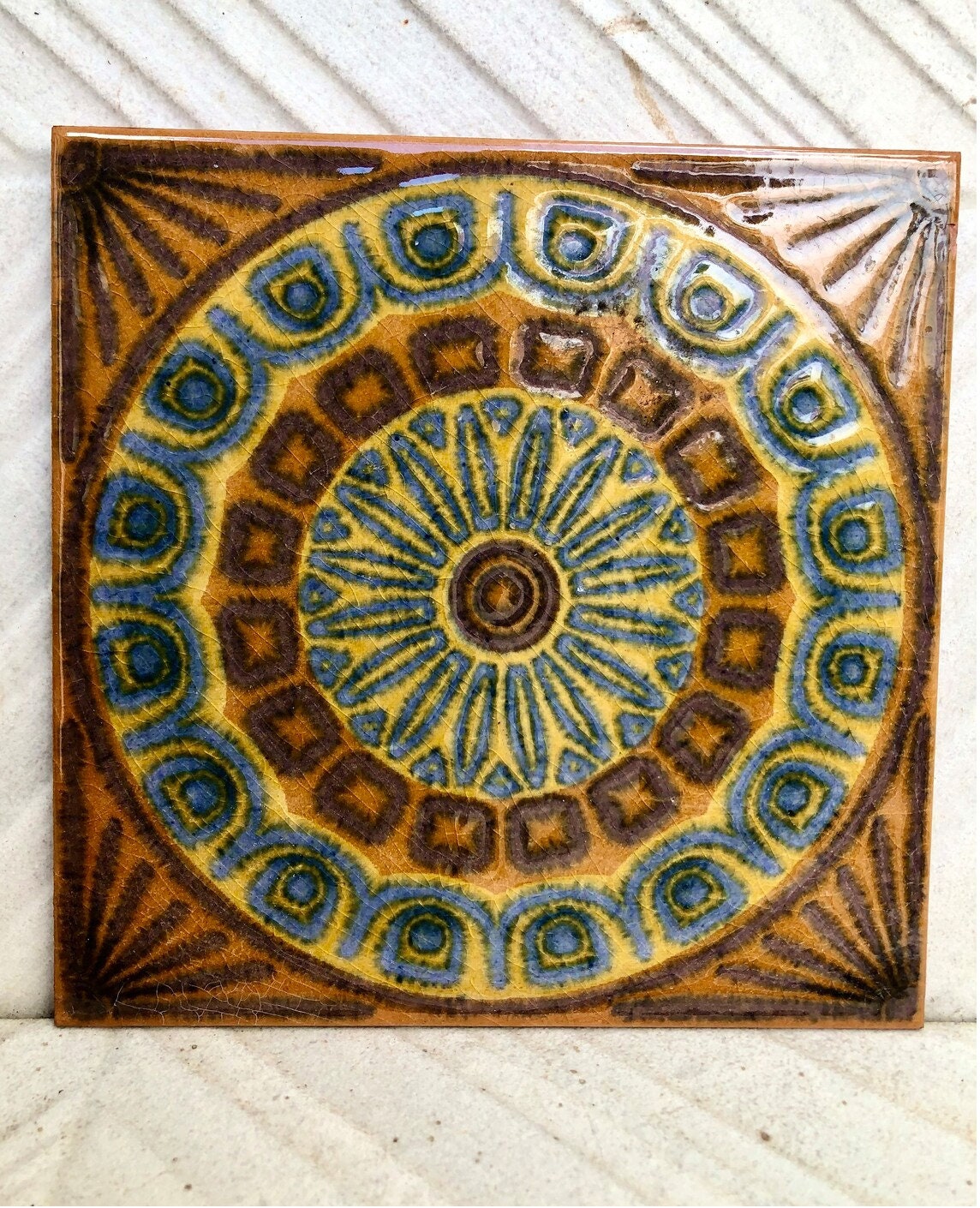 Original 70s retro tiles. Brown, yellow, blue, orange. Fat lava geometric tiles. NOS decorative MCM wall art. Brutalist backsplash.9 pcs
