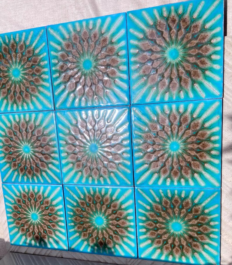 Original 70s vintage glazed blue retro tiles — set of 9, photo 9 of 10