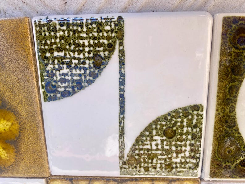Vintage ochre, yellow, orange, green glazed retro tiles — set of 12, photo 10 of 10
