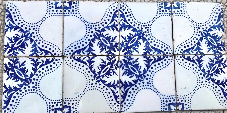 8 antique Art Nouveau blue + white original early 20th century Spanish decorative tiles, photo 4 of 10