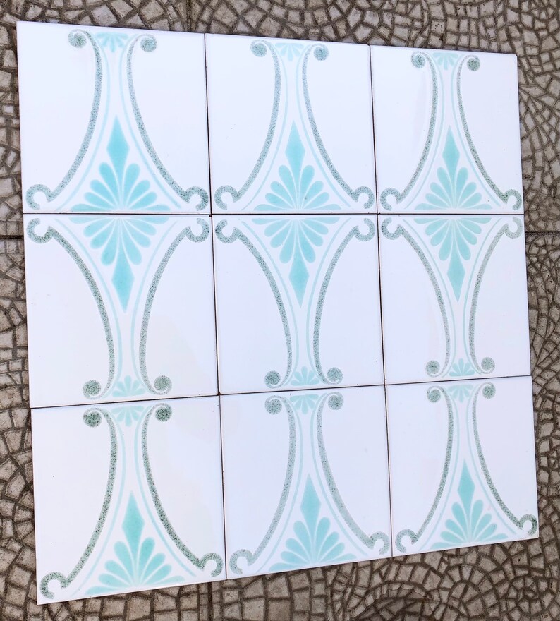 60s 70s vintage geometric tiles, Unused – 9 pc set blue, gray, white, pop art tiles, photo 7 of 9