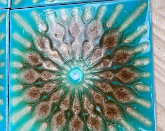 Original 70s vintage glazed  blue retro tiles. 6 pcs. Turquoise + brown fat lava SALVAGED  wall decor, vintage MCM reclaimed backsplash.