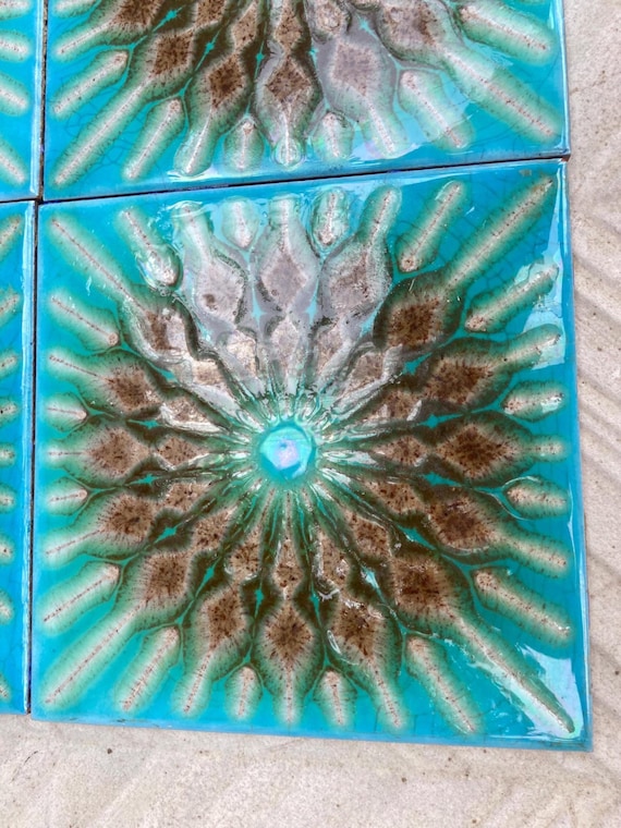 Original 70s vintage glazed blue retro tiles — set of 6