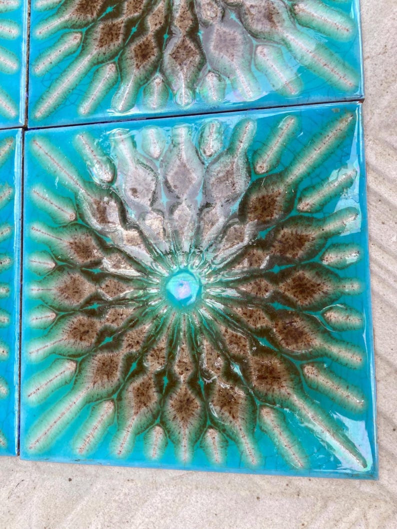 Original 70s vintage glazed blue retro tiles — set of 6, photo 1 of 10