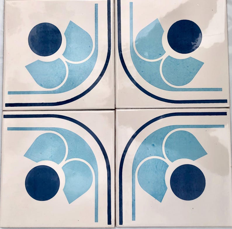 Spanish 60s 70s Vintage Tiles UNUSED.8 Pc Blue Flower Retro Tiles ...
