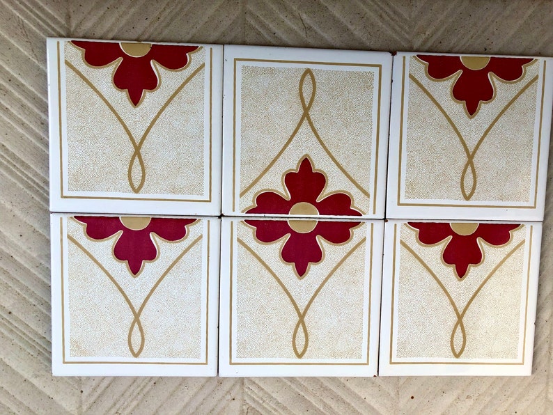 6 Spanish 70s vintage tiles – Mid century red, brown geometric Fat Lava tiles, photo 7 of 8