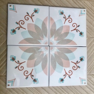 4 original  vintage 70s tiles. White, aqua green, brown + pink. 4 Groovy tiles from Spain. 60s,70s wall decor, daisy mid century retro tiles
