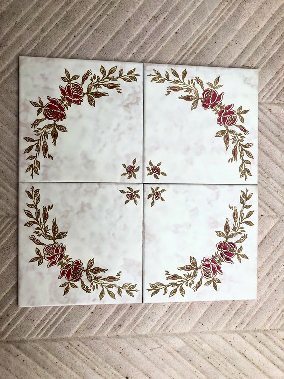 4 Spanish vintage floral decorative tiles