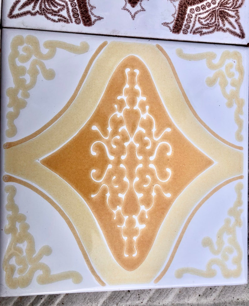 60s 70s vintage sunray geometric tiles in orange, yellow, brown — set of 4, photo 7 of 10