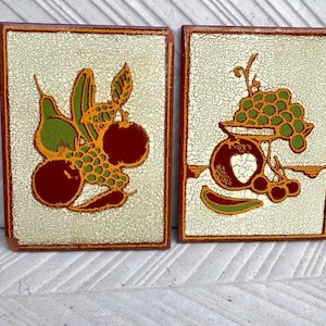 2 Spanish vintage decorative tiles.  MCM 60, 70s ORIGINAL wall plaques. Mid century fat lava, brutalist kitchen decor In beige, brown, red