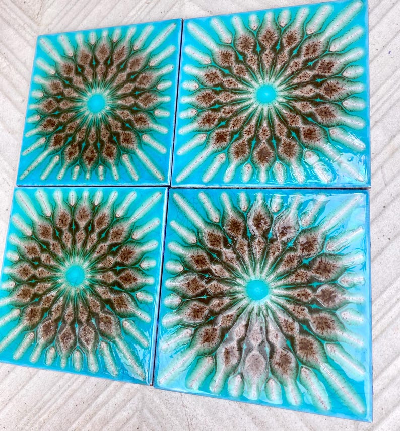 Original 70s vintage glazed blue retro tiles — set of 6, photo 9 of 10