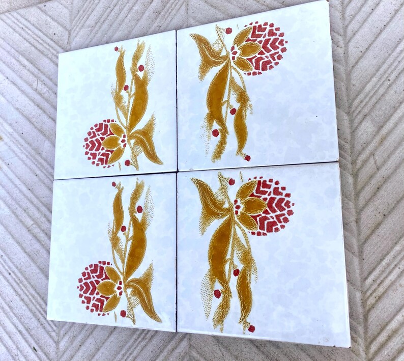 Vintage 70s tiles – 4 pc botanic - Fat Lava Original salvaged retro tiles, photo 5 of 8
