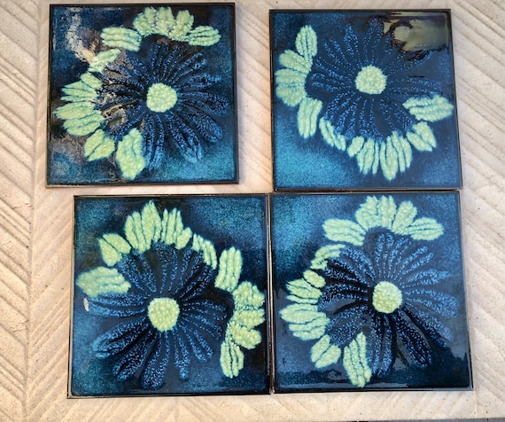 Fat Lava 60 - 70s Blue tiles, trivets or wall plaques — set of 4