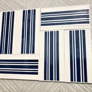 Spanish 60s 70s vintage tiles UNUSED. 6 pc navy blue, white, pop art tiles. Geometric 70s MCM wall decor, mid century backsplash tiles