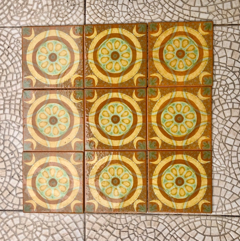 Original 70s retro tiles – Brown, yellow, blue, orange – NOS decorative MCM wall art — set of 9, photo 2 of 9