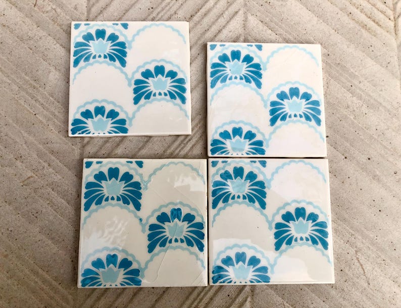 Vintage blue + white glazed retro tiles — set of 4, photo 7 of 9