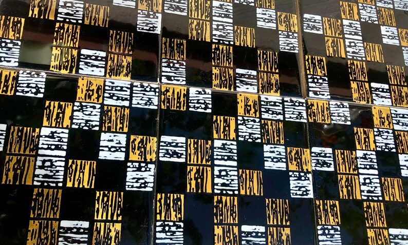 6 Spanish 50s vintage tiles – Black, mustard yellow, white, pop art style retro tiles, photo 5 of 7