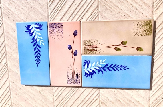 4 Spanish vintage 60s, 70s floral retro tiles